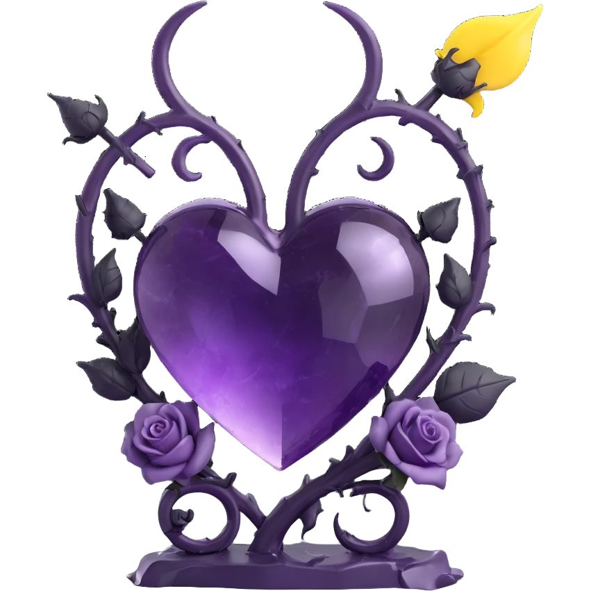 devil heart made of amethyst glass with small devil horns, forked tail, black roses at the base, crescent moon in background, stardust, stormy rain, fractured glass emoji