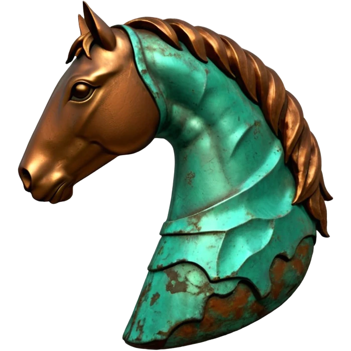 3D render of Bronze Horse Leg, heavily oxidized copper texture, verdigris patina,Fragment of a statue with patina, weathered bronze aesthetic, ancient decay, emoji style, isolated on white background --v 6.0. emoji