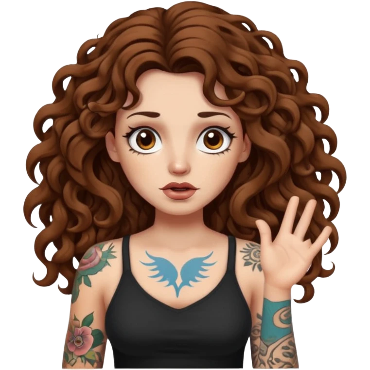 woman with long curly brown hair, brown eyes, white skin, tattoos, shrugging while reality melts like bark emoji
