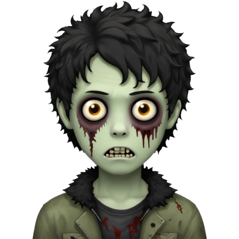 Boy, zombie, black and curly hair, medium long, emo, shaggy, dark, spooky, creepy expression emoji