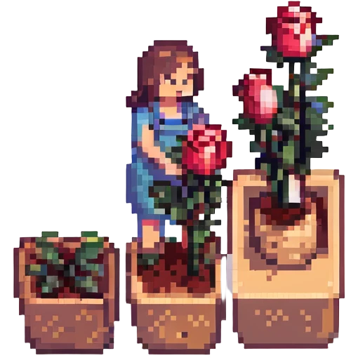 rose farm emoji with a worker grading and bunching roses, pixel art style emoji
