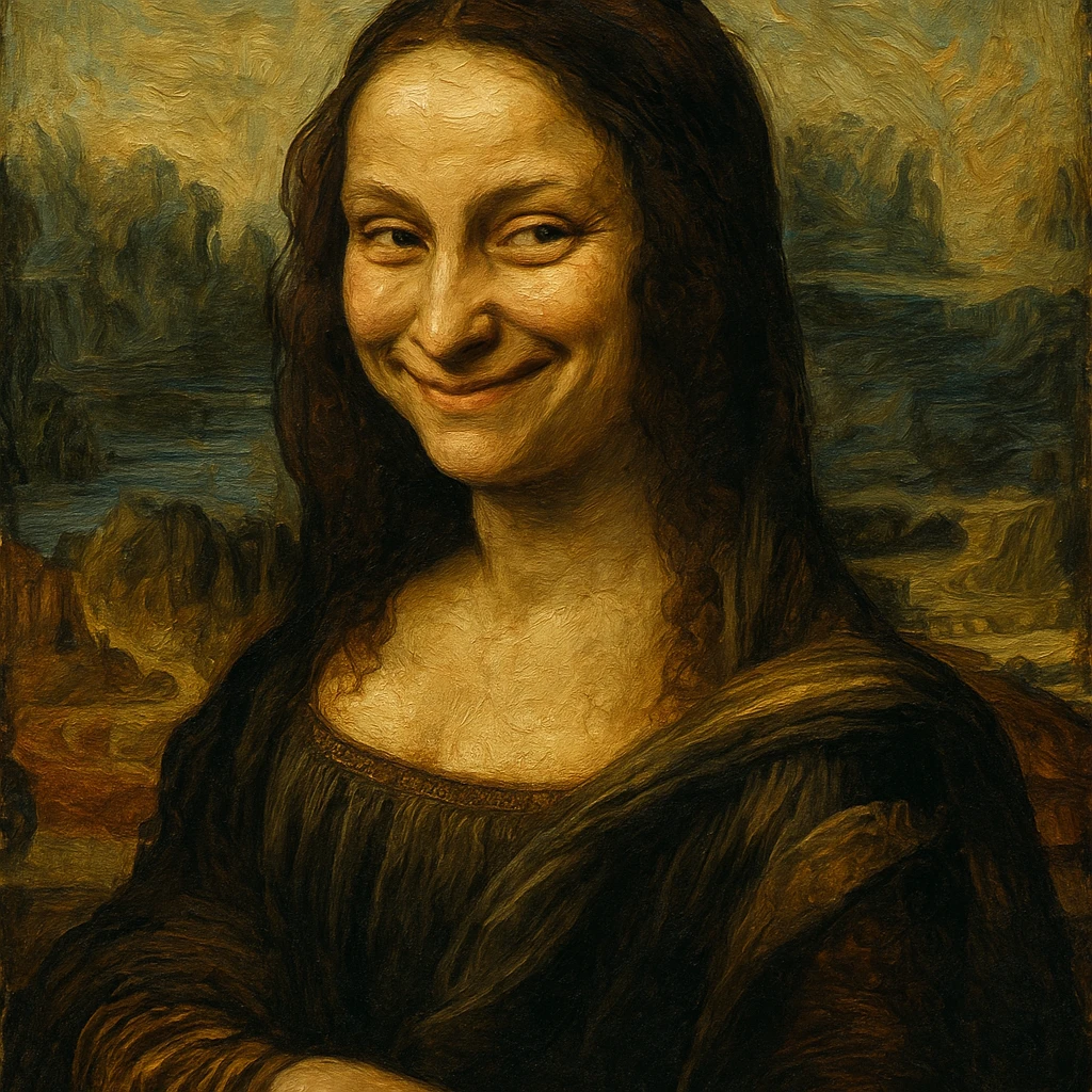 Mona Lisa in an oil painting style, mischievous and playful smirk, rich textures and brushstrokes emoji