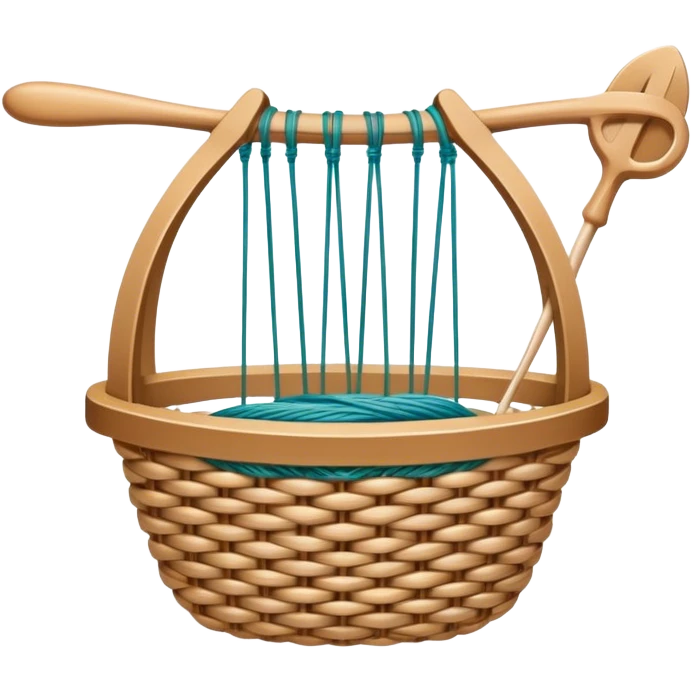 Weaving icon, various types of weaving such as basket weaving, macramé, and loom weaving, showing intertwined threads or ropes, weaving tools like shuttle, crochet hook, and loom, minimalistic style, clean lines, transparent background. emoji