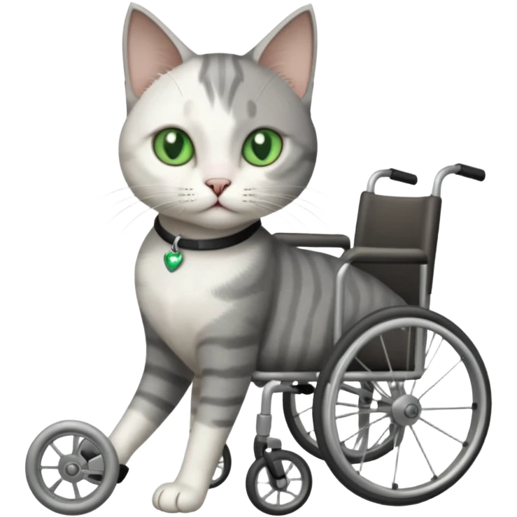 full body small short hair dark grey and white cat with green eyes walking in a wheelchair for cats emoji