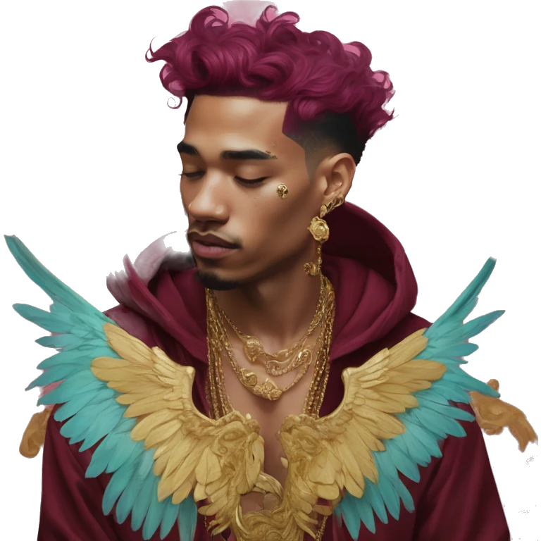 Vintage painting swirls gold jewellery baroque raven wings angel tropical Deep pink maroon burgundy cyan dark hoodie man vitiligo dyed hair gold piercings nose piercing ear piercings emoji
