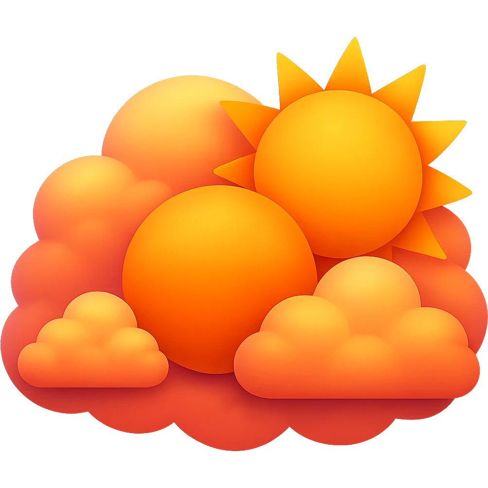 Edit the image to show sunrise colors in the sun peeking through clouds, no face, in emoji style. Remove the background. The style should resemble emoji style with bright and warm sunrise colors in the sun and clouds. emoji