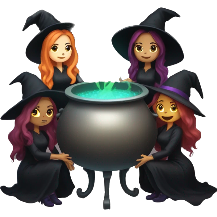 Coven of several witches holding hands around a bubbling cauldron  emoji