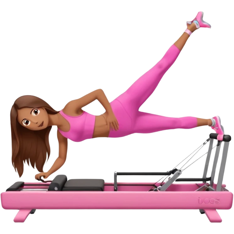 girl doing a plank on a pilates reformer in a pink workout set with long brown hair emoji