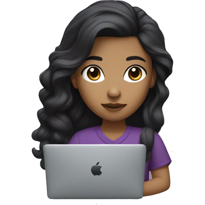 Programmer girl with black wavy hair with macbook. With black eyes, and tan skin, and a dark purple shirt emoji