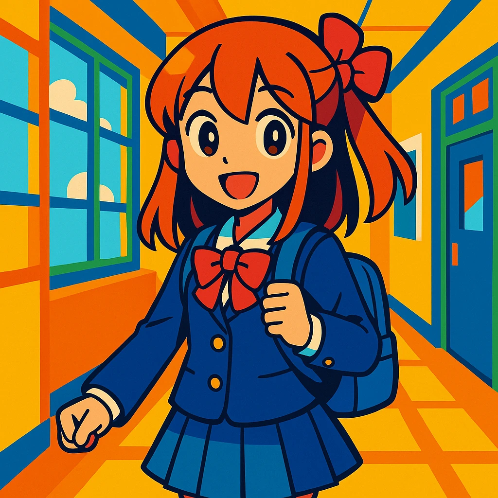 anime school girl in school setting, vibrant toon style emoji