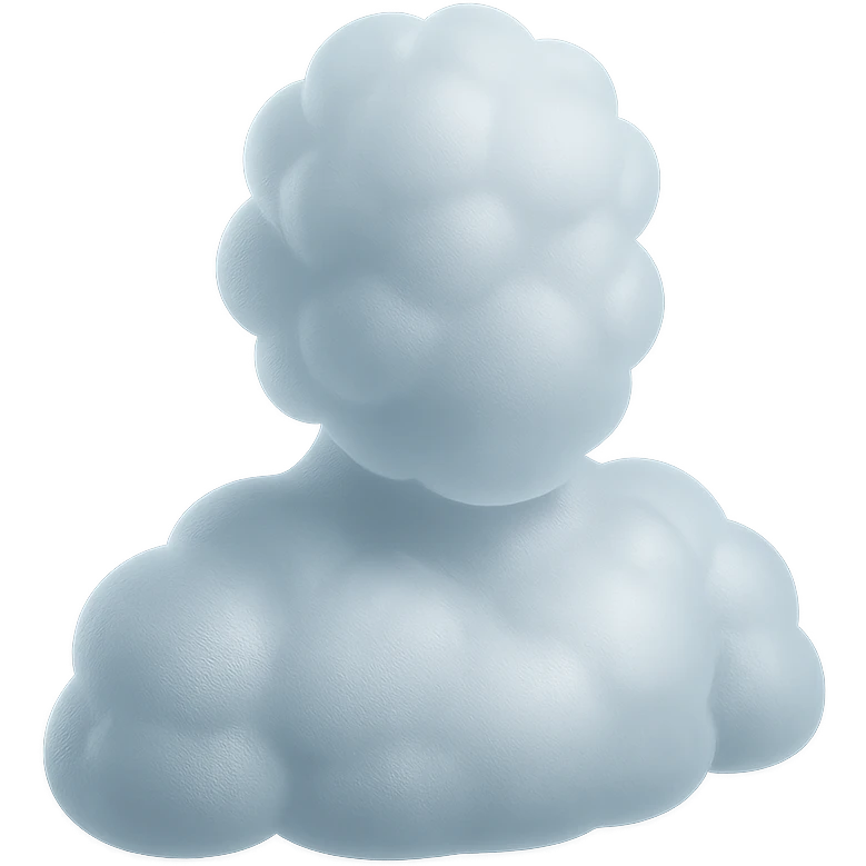 person made entirely of white fluffy convex clouds, shoulder up, front view, matte glass style emoji
