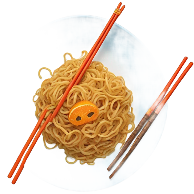 Chinese fried noodle in white and blue plate with orange spoon and chopsticks emoji