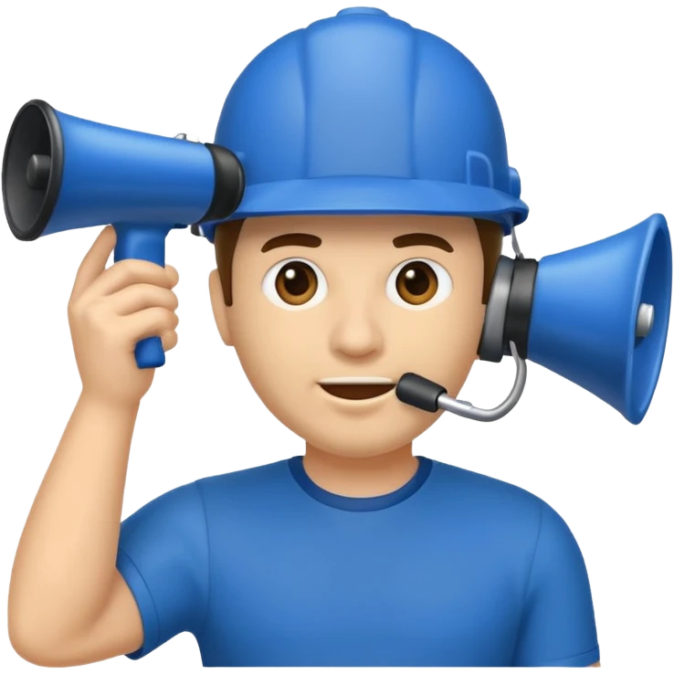 Um homem com capacete azul segurando um megafone emoji