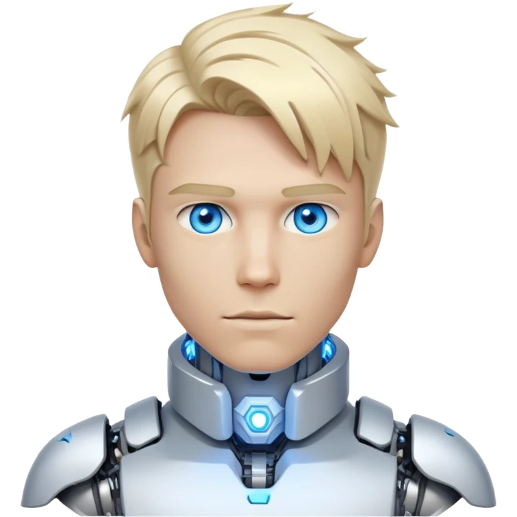 Cyborg male with tousled straight blond hair, partly mechanical face, glowing eyes, white tech collar emoji