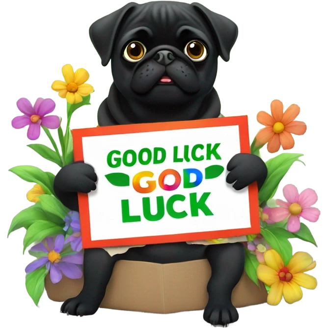 Black pug , surrounded by flowers, holding a green sign that says “good luck”  emoji