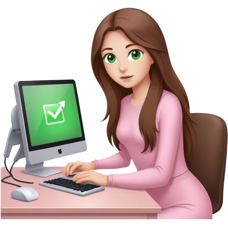 pretty woman with very long brown hair and green eyes and light pink outfit working on a computer emoji