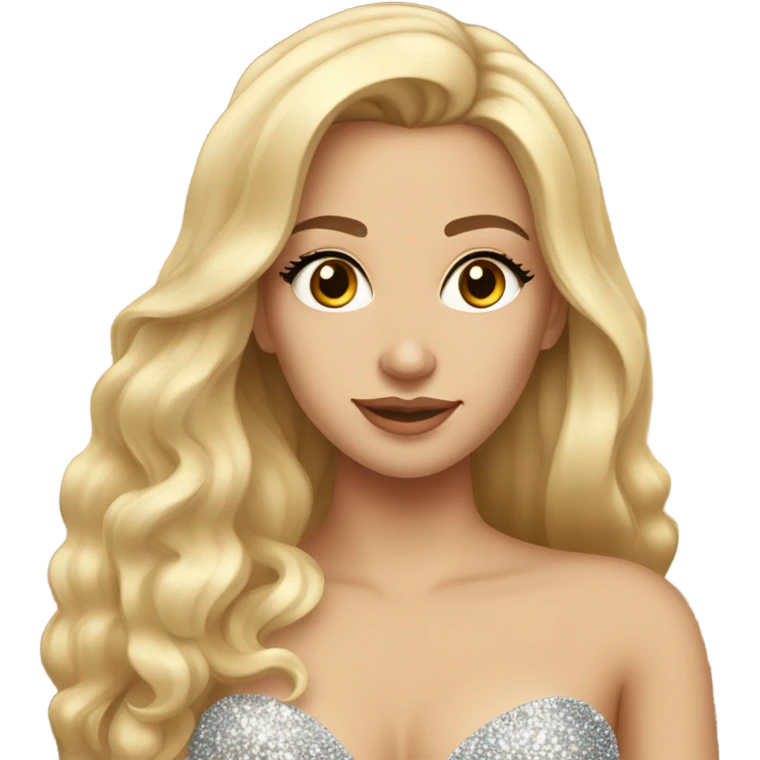 Gorgeous blonde woman, brown eyes, long hair, wearing a sparkly gown; full body view emoji