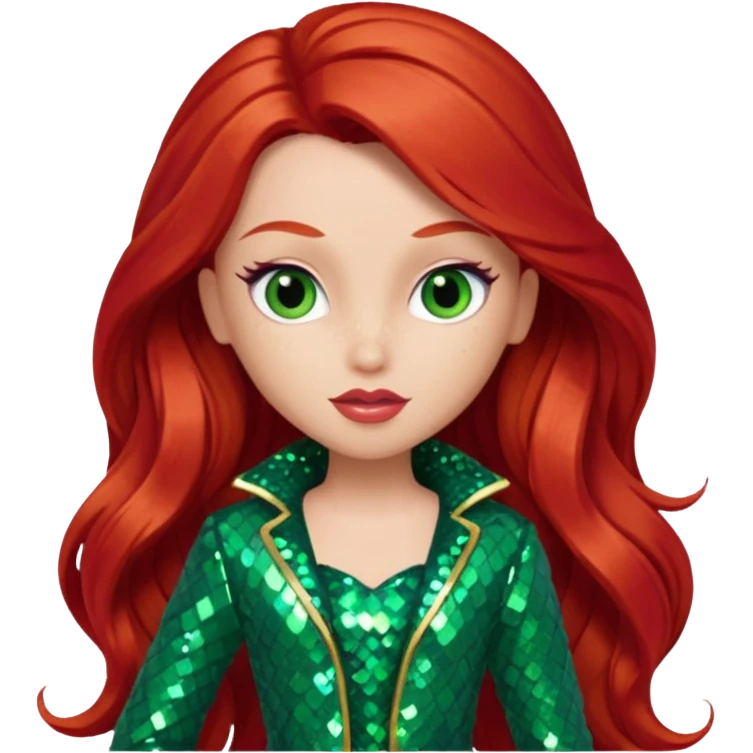 Meygan from Bratz with long red hair and green sequin outfit emoji