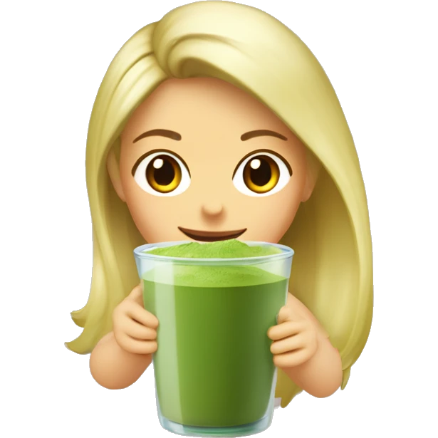 Chica rubia bebiendo matcha en vaso transparente emoji