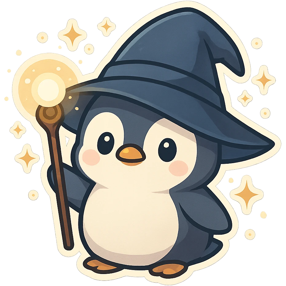 adorable chibi penguin wizard with oversized hat, holding a glowing staff, surrounded by magical sparkles emoji