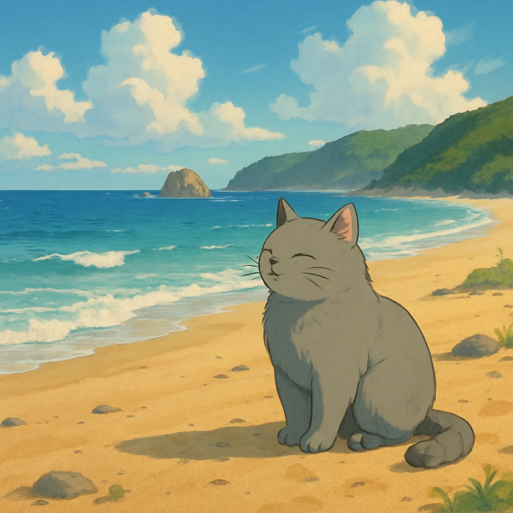 cat on a beach, ghibli style emoji