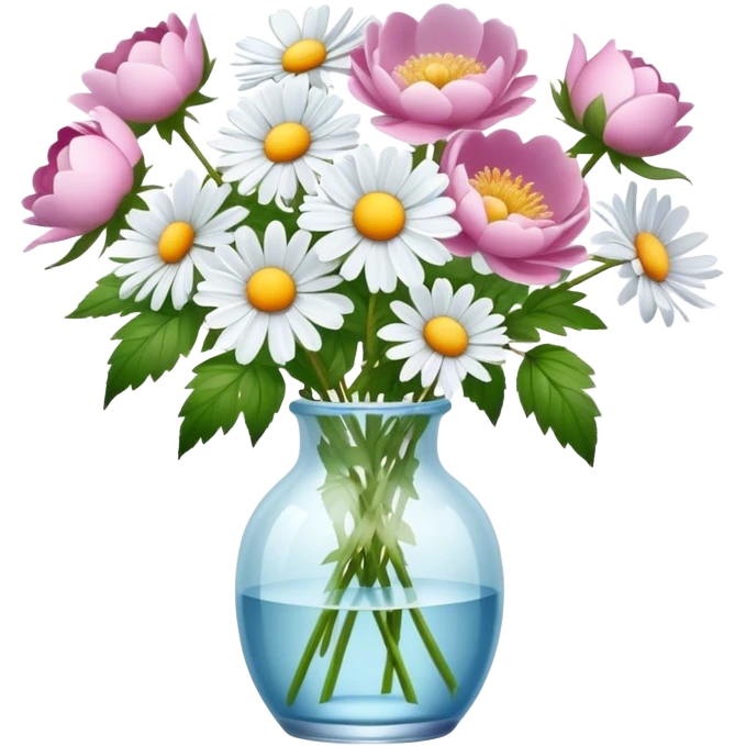 A bouquet of daisies of the color Wild Rose in a glass vase of the color Frosty Peony  emoji