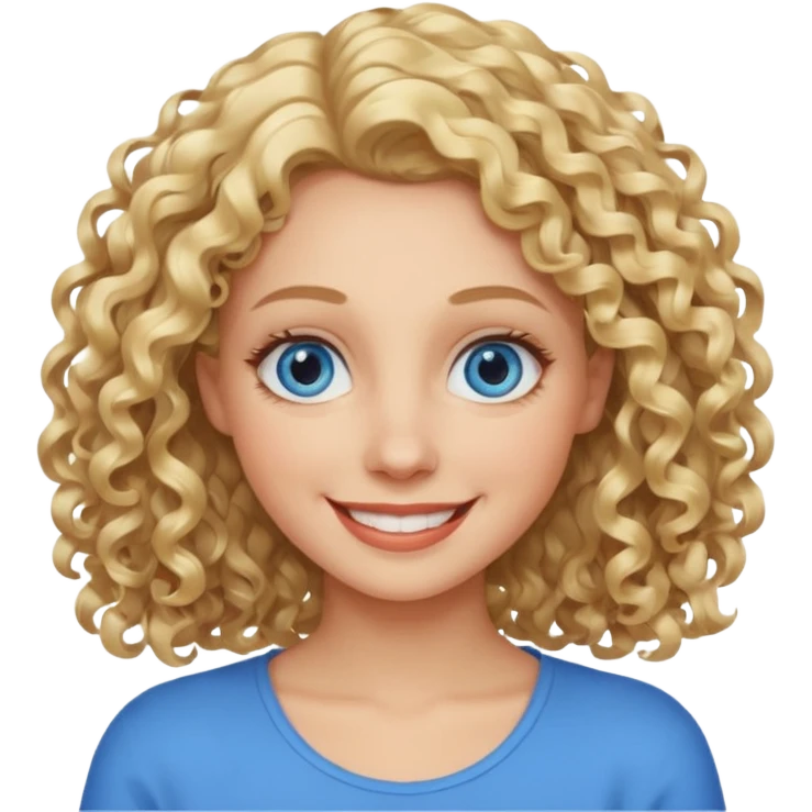 Woman with blonde curly shoulder-length hair, big blue eyes, wide smile emoji
