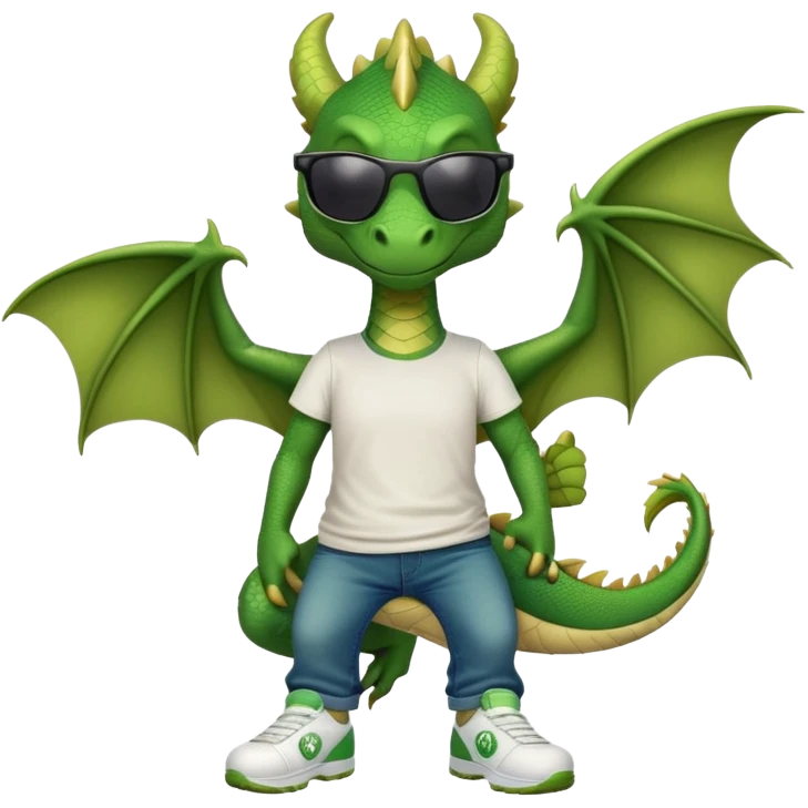 friendly anthropomorphised green dragon in a sports t-shirt and jeans wearing dark sunglasses emoji