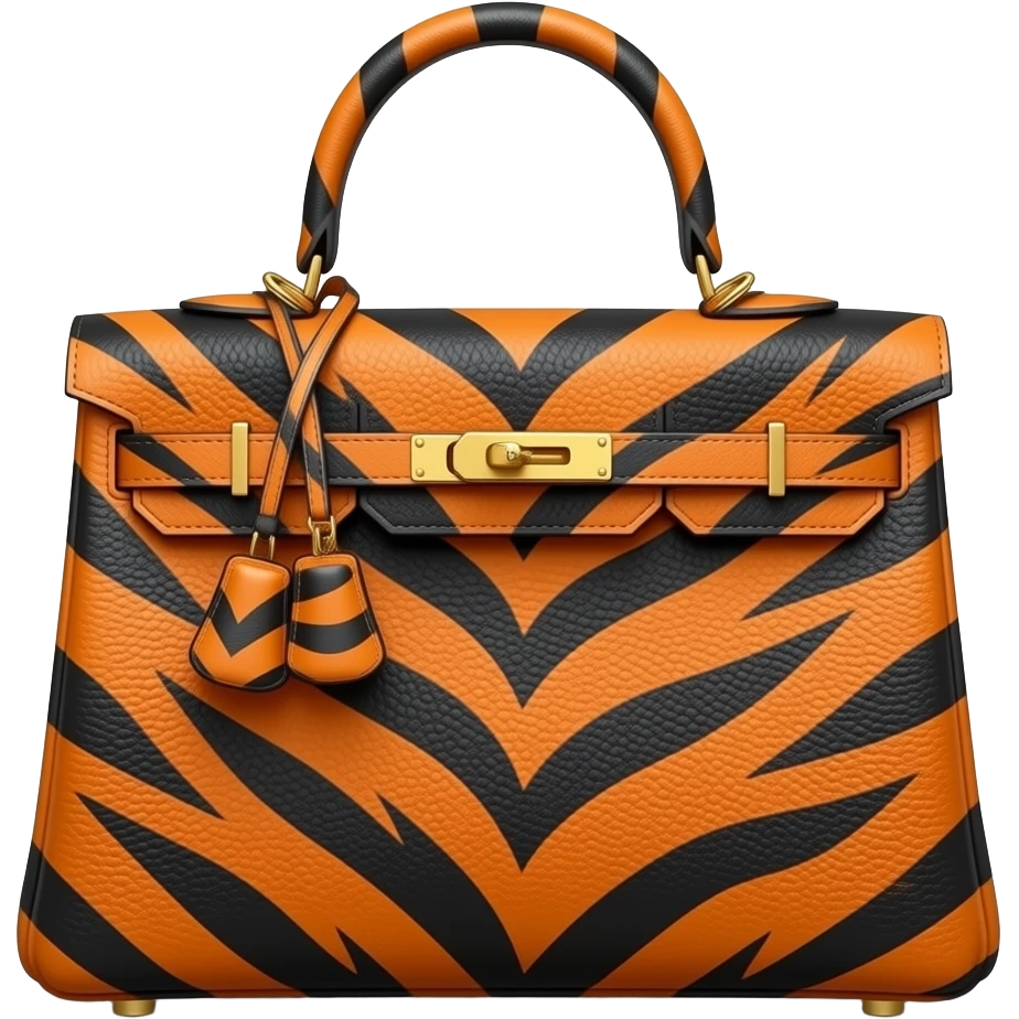 A luxury structured top-handle handbag in the style of a Birkin, featuring a bold orange and black tiger stripe pattern on high-quality textured leather. The bag includes gold-toned hardware, a front flap with a turn-lock closure, and a hanging clochette emoji