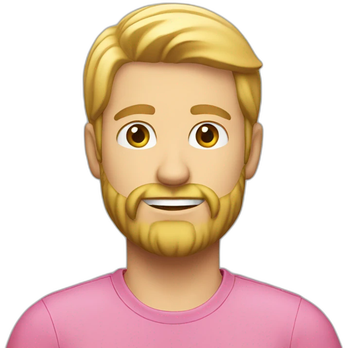 a guy in a pink shirt, blond, with a short beard in a blue cap, emoji