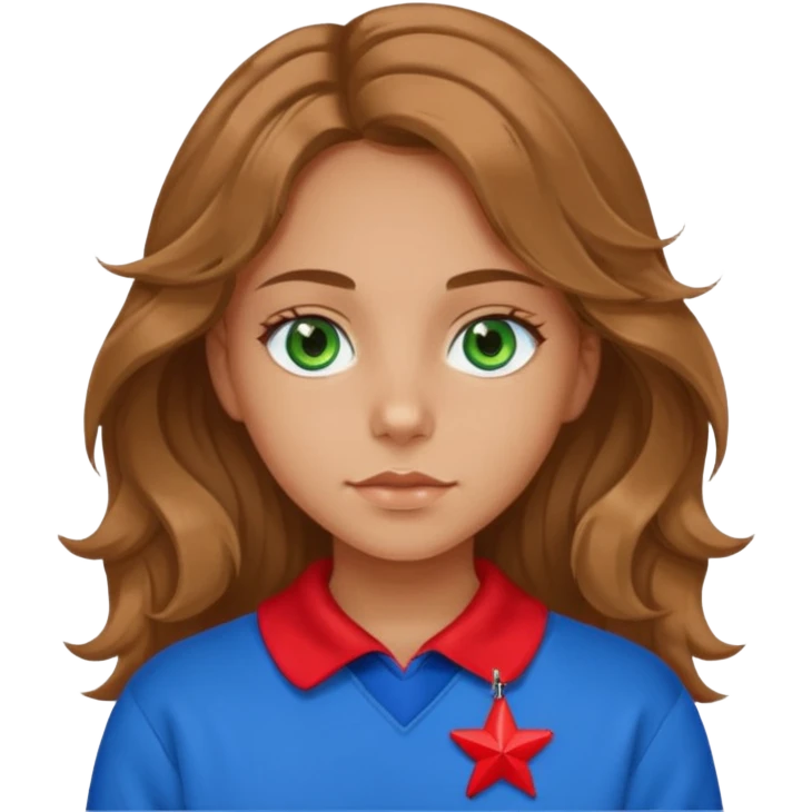 girl with bright green eyes, slightly tanned skin, long light brown wavy hair, wearing a blue sweatshirt with a red star and collar emoji
