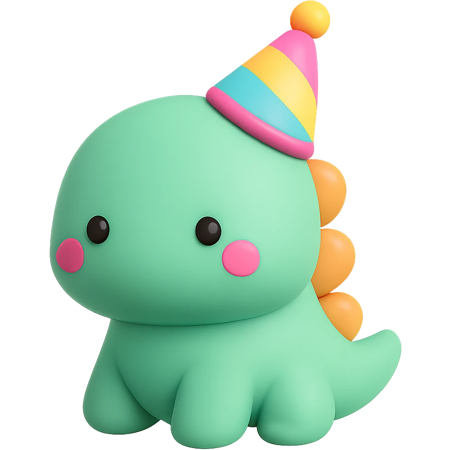 An adorable baby dinosaur with a colorful party hat emoji