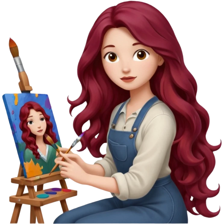 Realistic, female artist with long burgundy wavy hair, sitting at a canvas, with paint brushes, side view, still life, 3D rending  emoji