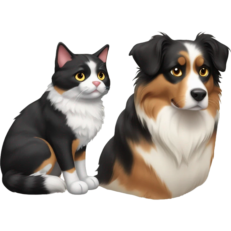 Fat calico cat with a black and tan Australian Shepard dog emoji