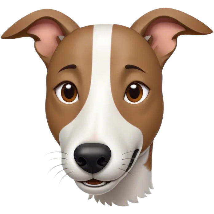 Cinematic Comical White and Brown Greyhound Portrait Emoji, Head tilted dramatically with an exaggeratedly amused expression, featuring a striking white Fur with dynamic brown accents, wide, expressive eyes filled with playful disbelief, Simplified yet hilariously expressive features, highly detailed, glowing with a slightly sassy glow, high shine, dramatic yet playful, stylized with an air of cheeky mischief, bright and endearing, soft glowing outline, capturing the essence of a spirited and over-the-top racer, so meme-worthy it feels like it could side-eye its way into internet fame instantly! emoji