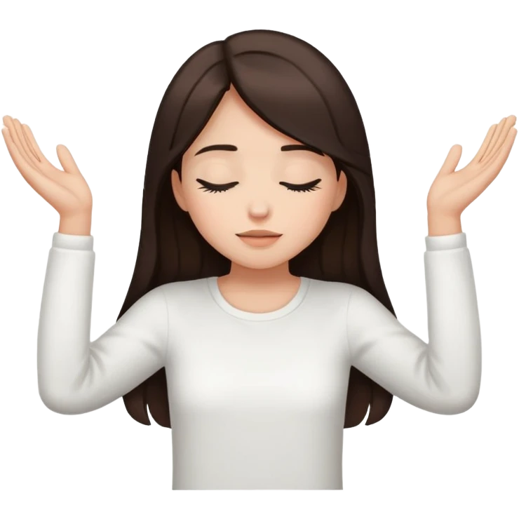 Girl long dark brown hair light medium skin hands lifted, eyes closed, white top emoji