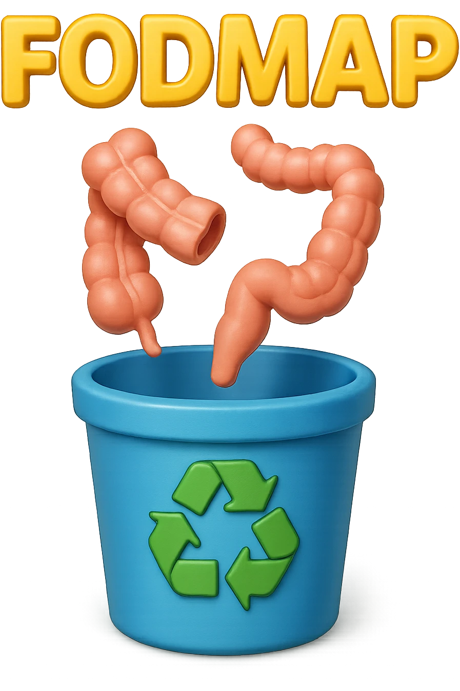 scritte "FODMAP" e pezzi di colon cadono in un secchio della spazzura con simbolo "recycle" sopra, stile emoji iphone, iperrealistico 4k emoji