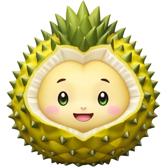 A chibi-style round durian character with green spiky shell and yellow flesh, blushing and shy with sparkly eyes – pastel tones emoji