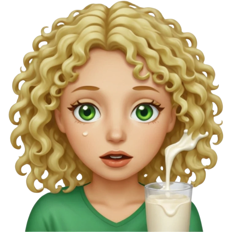 Woman with green eyes and dirt blonde curly hair with milk dripping from mouth and face  emoji
