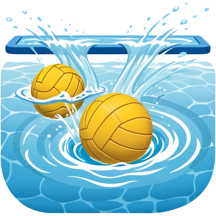 An icon featuring a yellow water polo ball floating on the water with goals in the background, inside a swimming pool. The design includes splashes and ripples, symbolizing the fast-paced action and strategy of water polo. Transparent background highlights. emoji