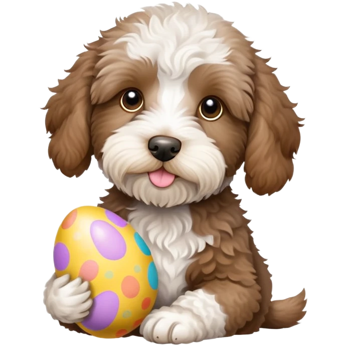Aussie labradoodle Merle brown with white chest. It’s a puppy holding an Easter egg emoji