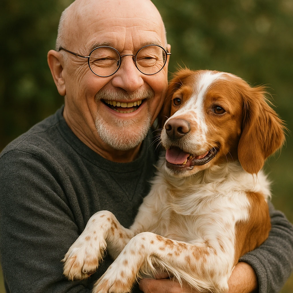 bald old man with round glasses and a grey goatee, holding a Brittany Spaniel in his arms, joyful and loving mood emoji