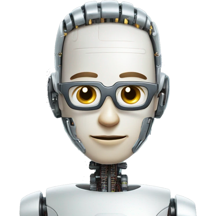 Robotic Cyborg head with fair skin, flat top haircut, rectangular glasses, circuits and smiling  emoji