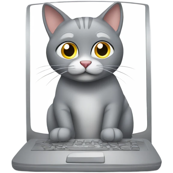 Funny gray cat works at the computer emoji