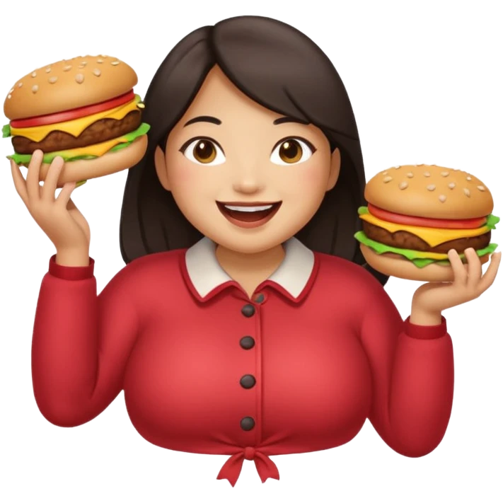 n create a humongous asian girl with 2 burgers and a cookie in her mouth, she is super fat, please make her a full body emoji emoji