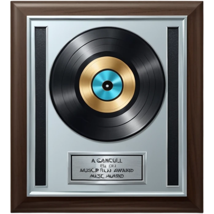 A platinum music award plaque: a square, polished platinum plate with a subtly textured, mirror-like finish, mounted on a simple dark wood base. The center features a relief of a or stylized vinyl record in a slightly darker metallic tone.  emoji