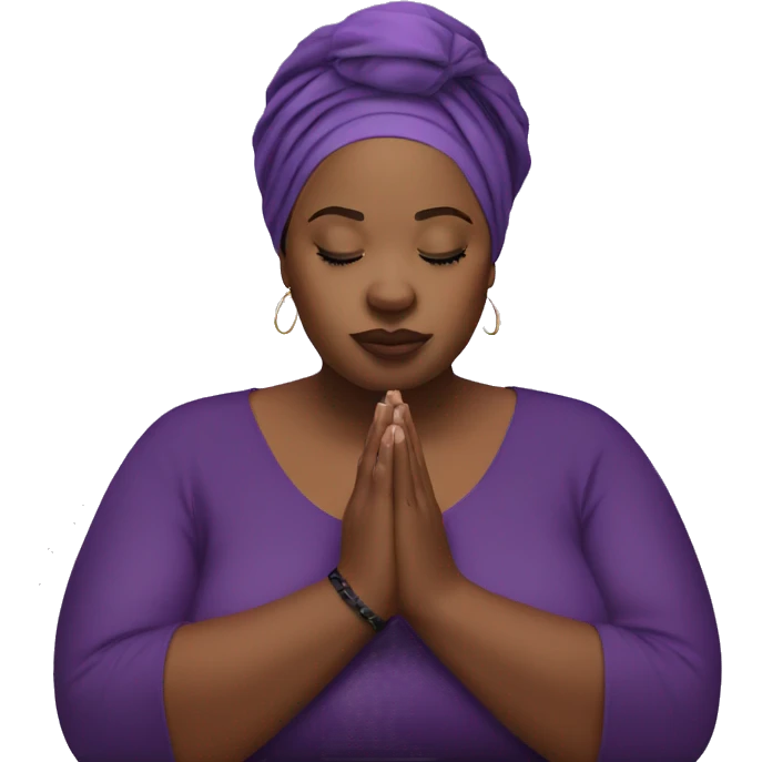 Dark Plus size woman praying with purple head wrap   emoji