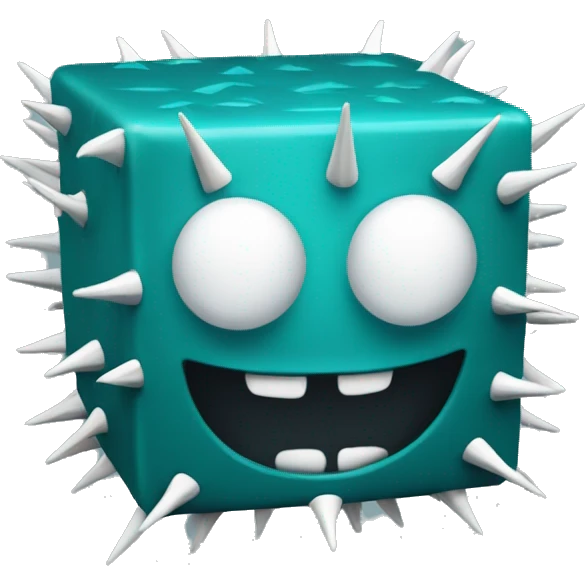 dark cyan cube with white eyes and some teethlike spikes on the bottom emoji