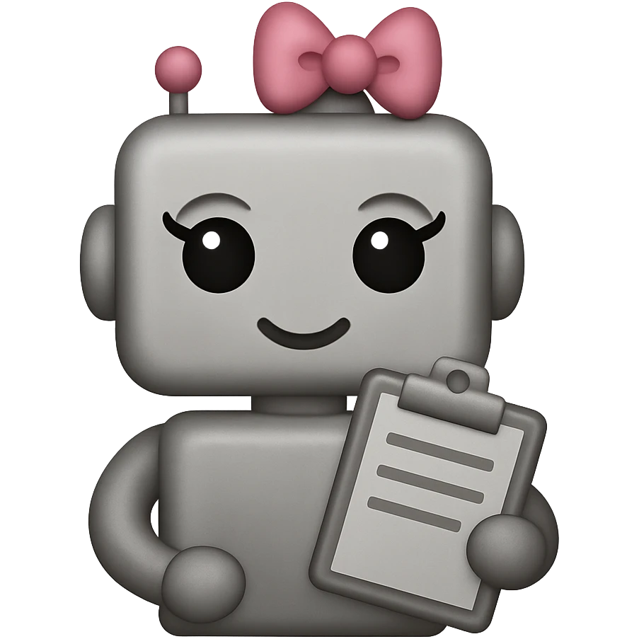 Create an image of a recruiter robot emoji that is even cuter and more feminine, in an apple style, flat and metallic look, holding a clipboard. The background should be transparent. emoji