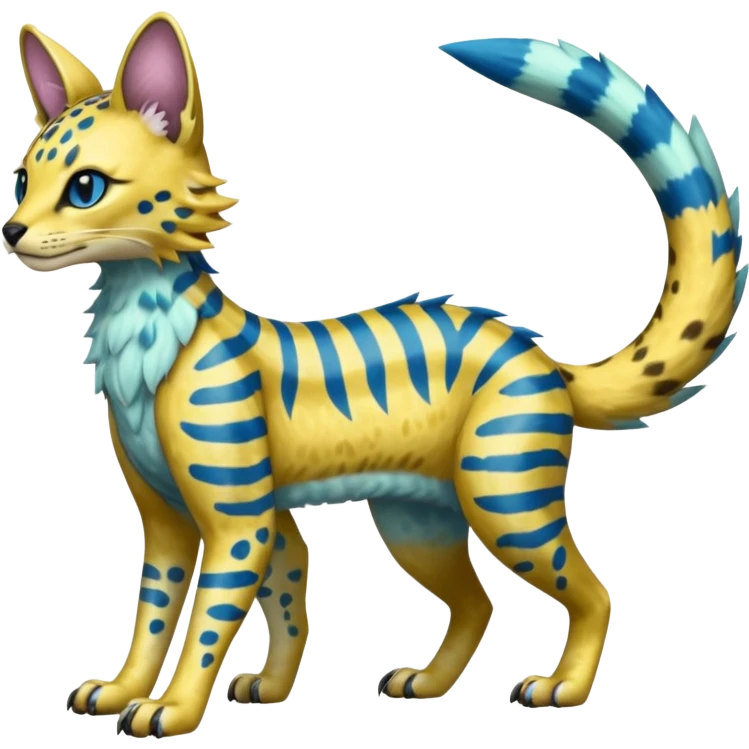 Colorful Exotic Golden Gold Shiny Lombax-Sergal-Vernid-Trico-Serval-Civet-Genet-Pokémon-Digimon-Fakémon-fusion-hybrid-creature with Cyan stripes and blue leopard-spot-markings  emoji